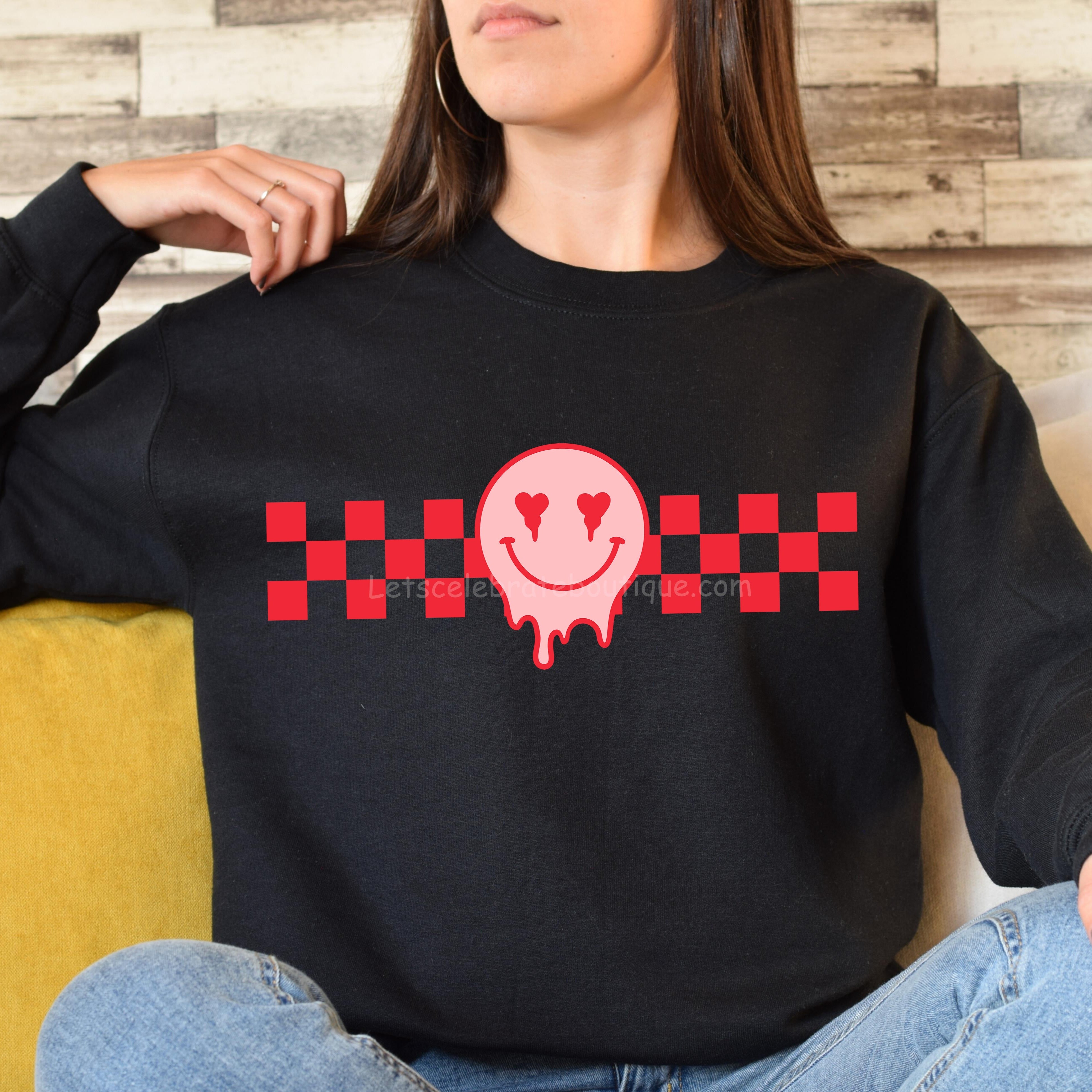Checkered Heart Crew Sweatshirt-Checkered Smiley face Sweatshirt