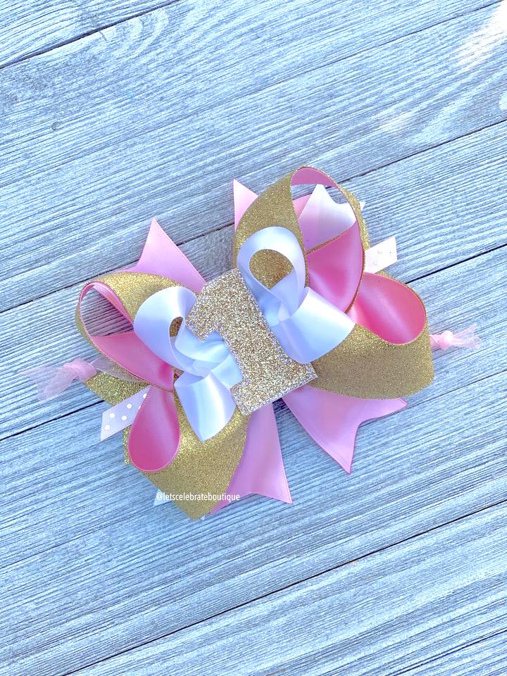 Pink First Birthday Hair Bow