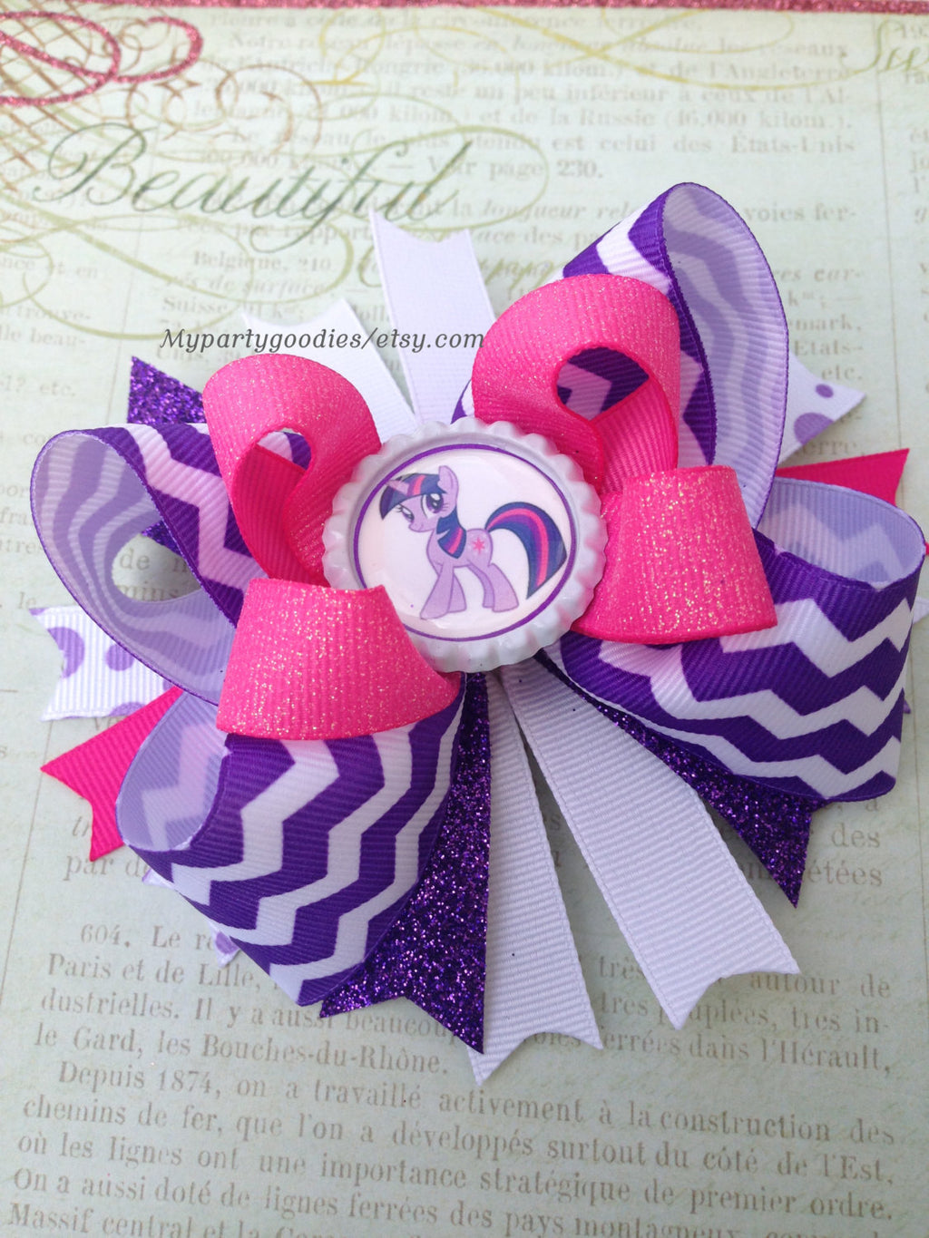 TWILIGHT SPARKLE BOW-Pony bow, Sparkle bow,Pony shoe topper, Pink and Purple bow.