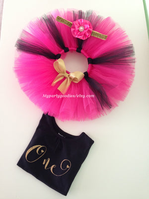 Hot pink and black first birthday tutu outfit