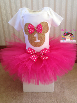 Gold and Hot Pink Minnie Mouse Tutu-Girl Birthday Outfit