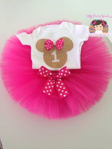 Tenue d'anniversaire Tutu-Girl Minnie Mouse dorée et rose vif