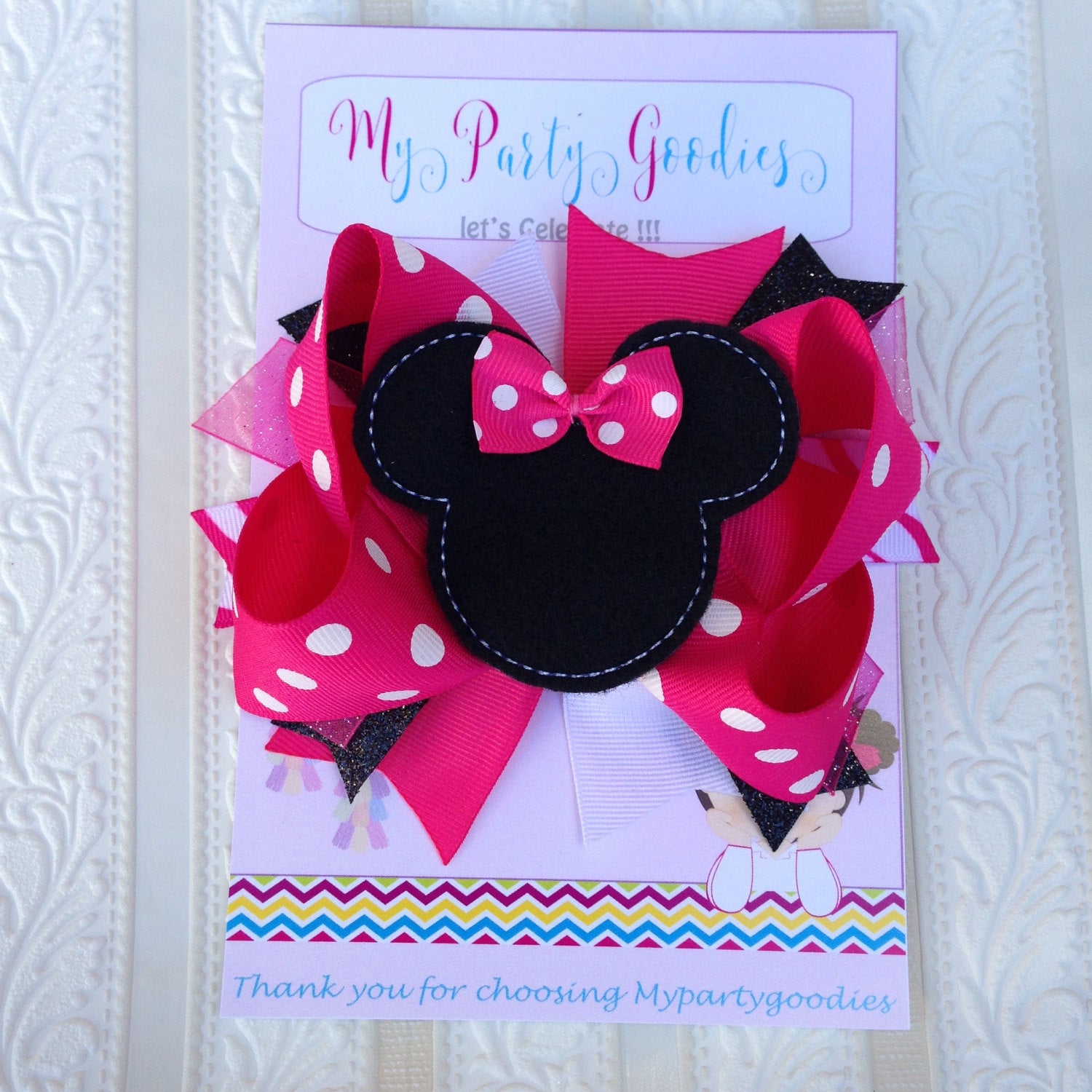 Hot Pink Silhouette Mouse Bow-Birthday Custom Hair Bow