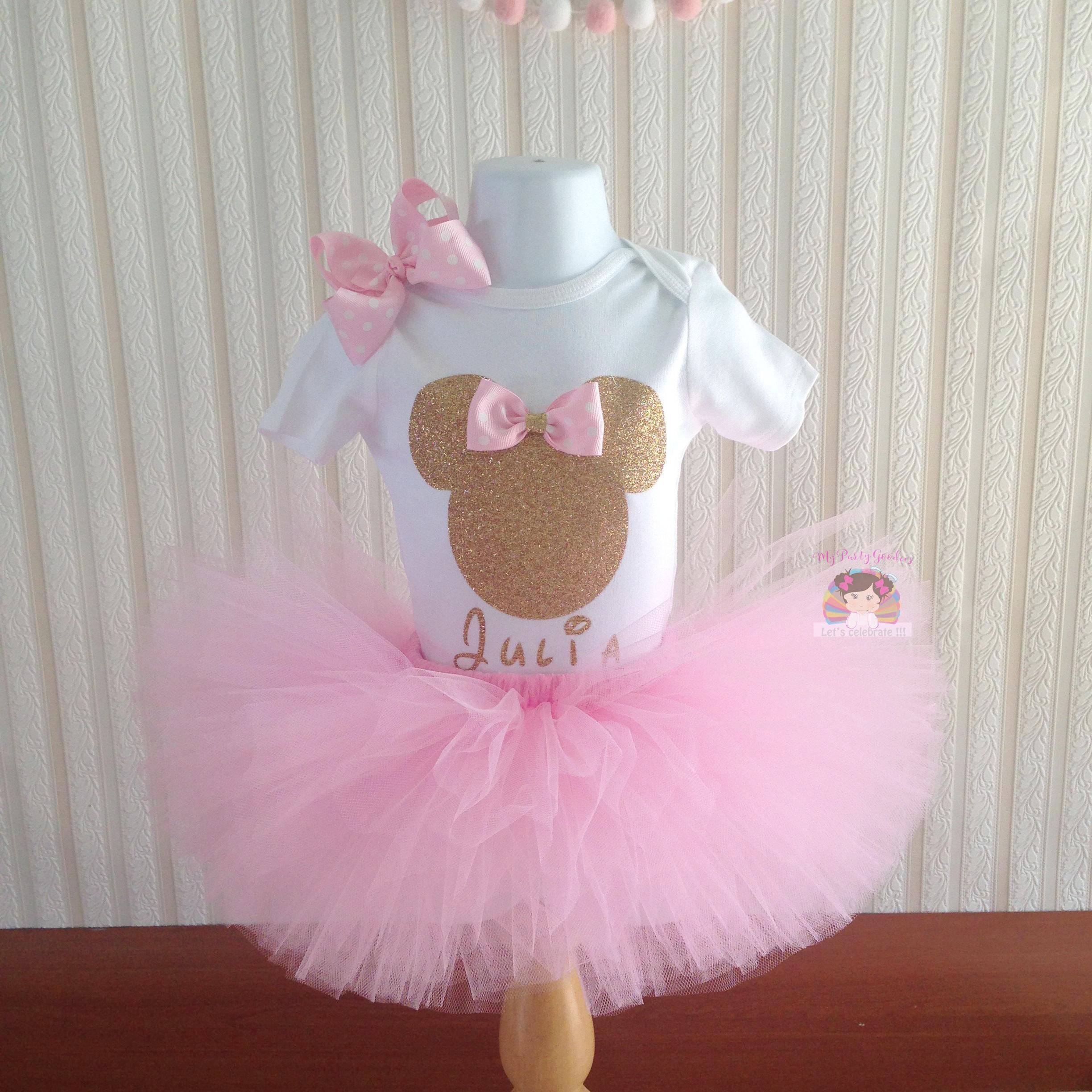 Baby Pink and Gold Minnie Mouse Tutu Set-First Pink birthday outfit