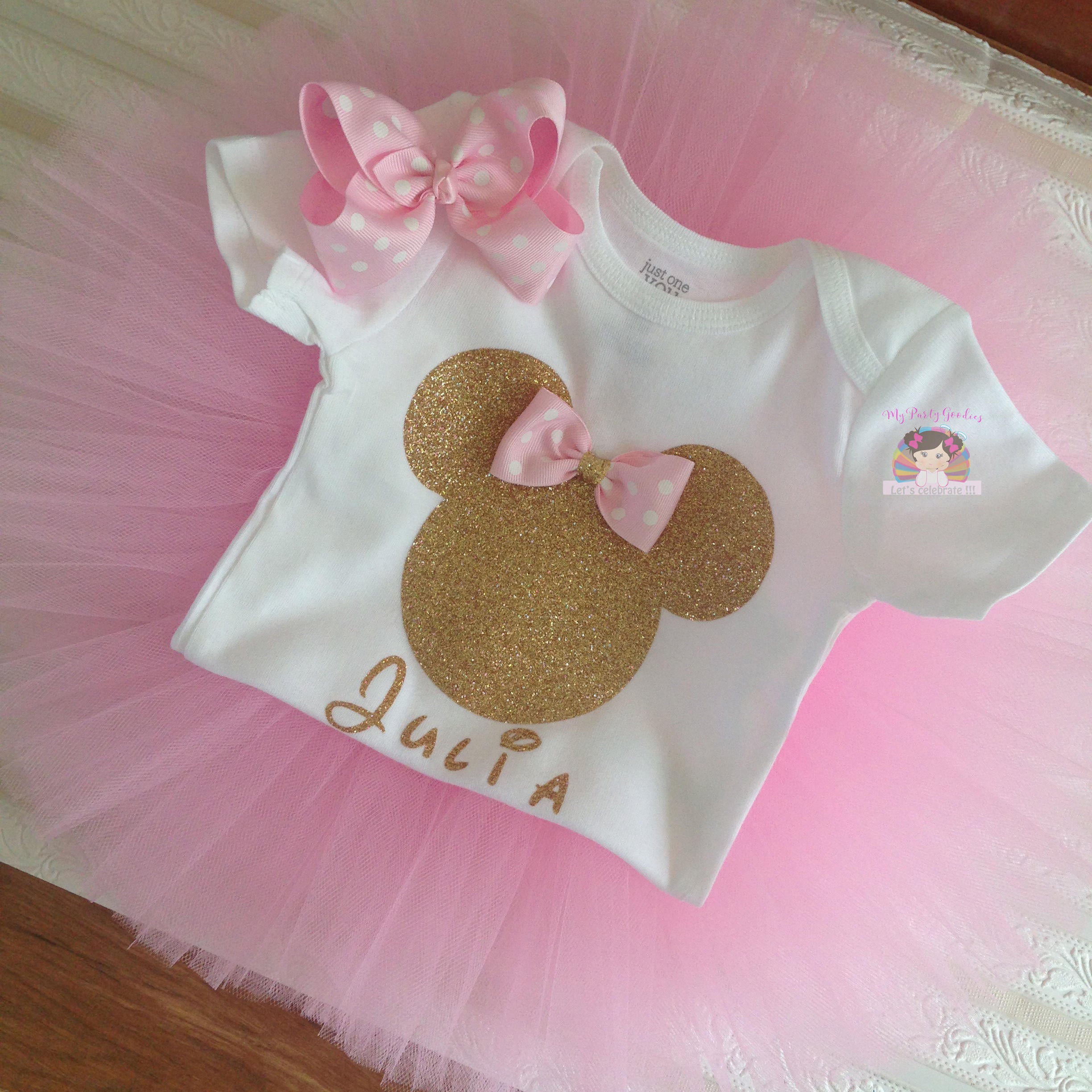 Baby Pink and Gold Minnie Mouse Tutu Set-First Pink birthday outfit