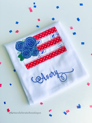 American Flag Girl Shirt, Fourth of July Appliqué Shirt